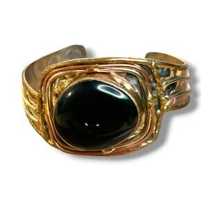 Artisan Mixed Metal Cuff Bracelet Vintage Boho Brass Copper Black Onyx India